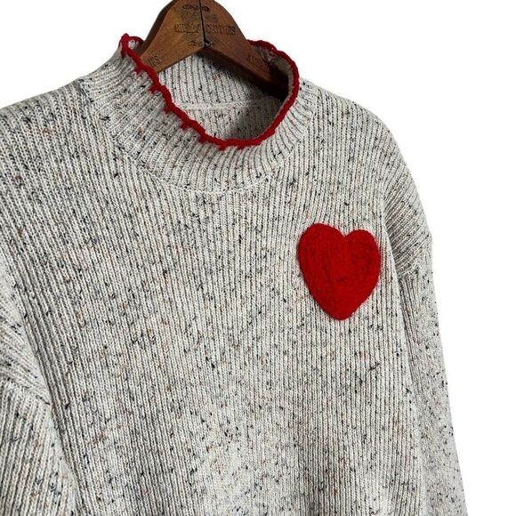 Mock Neck Speckled Ribbed Crochet Heart Pullover Sweater Light Gray Red Medium - Picture 3 of 7